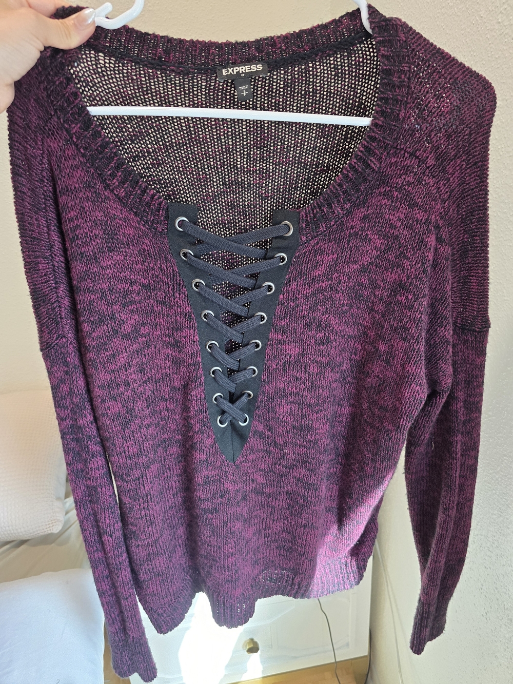 Express Women's Lace-Up V-Neck Sweater in Plum and Black